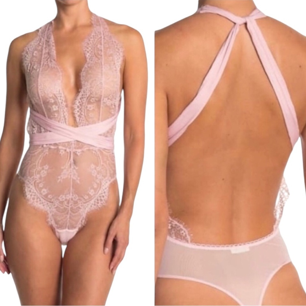Free People Ballet Combo Eyelash Lace Pink Bodysuit Crisscross Straps Sexy